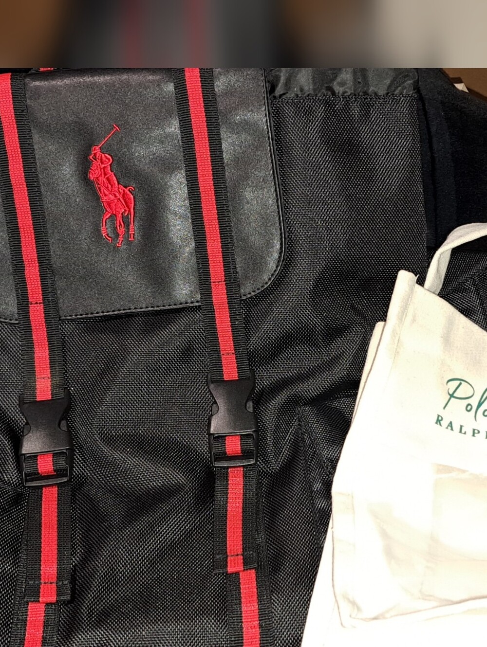 Ralph Lauren Black Backpack with Red Trim and Polo Logo